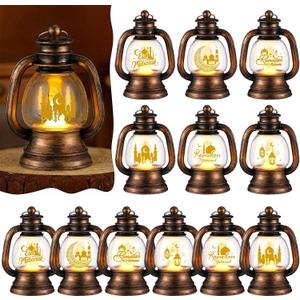 ROCEEI 12 Pcs Ramadan Eid Lantern Mini Bronze Gold Lanterns Decorative with LED Candles Small Eid Mubarak Decor Vintage Hanging Lantern Lights for Home Table Centerpiece Party Gift