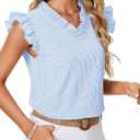 Rooscier Women's Striped Ruffle Cap Sleeve V Neck Casual Office Work Blouse Top Shirt (Blue, XL)