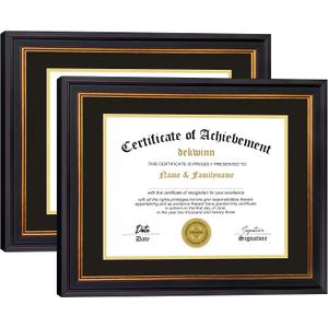2 x Diploma Frames 8.5x11 with Mat or 11x14 without Mat,Set of 2 Certificate Document Frame with Real Glass,Black Gold & Burgundy Molding(Black/Gold Double Mat)