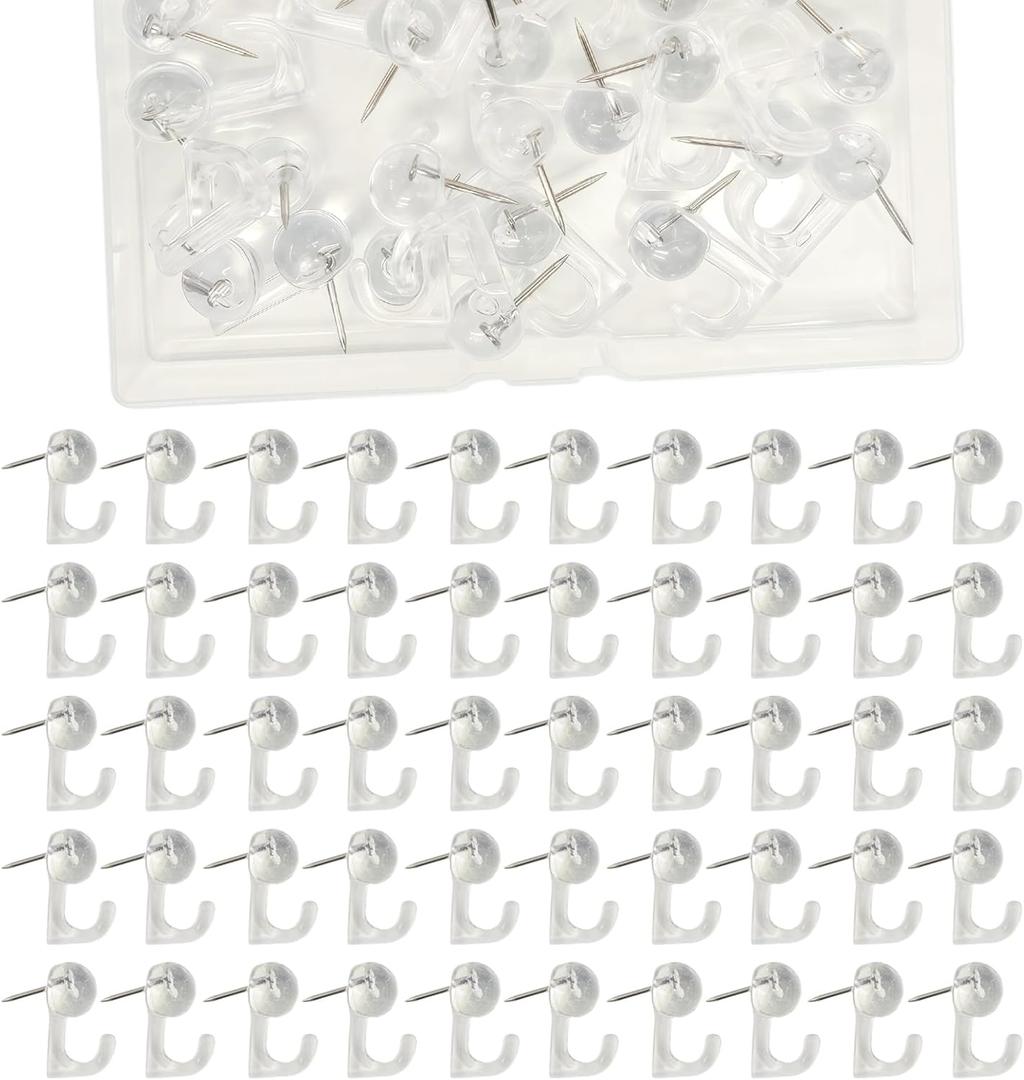 Push Pin Wall Hooks,50 pcs Durable Decorative Thumb Tack HookPlastic Clear Heads Push Pins Hooks for Photo Wall,Calendar Map,Cork Bulletin Board