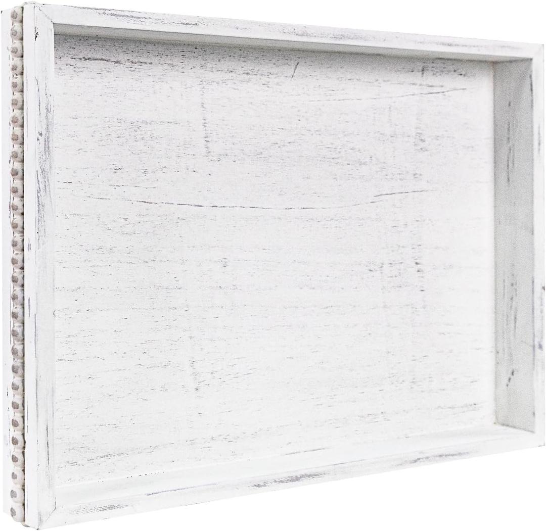 Wooden Decorative Tray, Rectangular Serving Tray with Wood Bead, Farmhouse Big Tray for Ottoman, Countertop, Coffee Tabl, 16.5" x 13"x 1.6" (Retro White)
