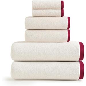 Lucury Bath Towels Set of 6,2 Bath Towels, 2 Hand Towels, 2 WashCloths,100% Cotton Extra Absorbent Silk Hemming Towels for Bathroom (Beige)