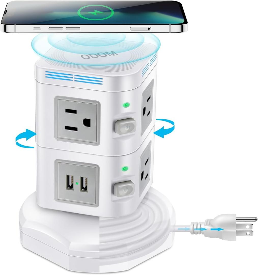 Power Strip Surge Protector, ODOM Power Strip Tower with 15W Fast Wireless Charger, 4 USB Ports + 6 Outlets + 6 Feet Retractable Extension Cord, Multiple Plug Charging Tower for Home Office Dorm