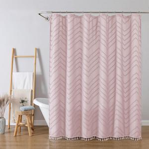 OWENIE Boho Shower Curtain, Blush Pink Fabric Cloth Shower Curtains Farmhouse Tufted Chevron Striped Textured with Tassel for Bathroom, Soft Hotel Style Modern Minimalist, Machine Washable, 72x72
