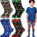 Tisancy 4 Pairs Kids Compression Socks Dinosaur Compression Stockings Knee Length Compression Socks for Kids Boys Girls child Adult Small Feet