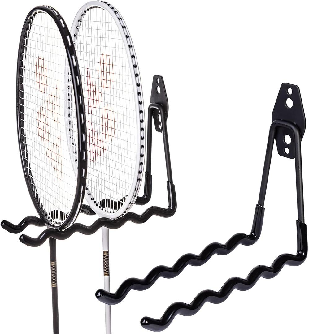 Tennis Racket Storage Hanger,Tennis Racket Holder Rack Wall Hooks for Garage,Heavy Duty Hanger Metal Badminton Racket Holder Hooks for Cables, Ropes and Hoses,Extension Cord Holder,2 Packs(Black)
