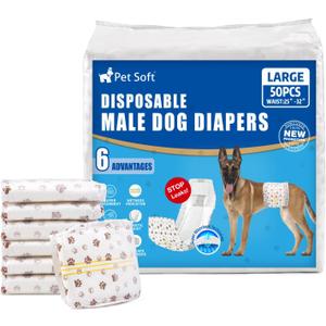 Pet Soft Male Dog Diapers - Disposable Male Dog Wraps Wetness Indicator, Puppy Diapers Male for Excitable Urination or Incontinence, 50pcs Large