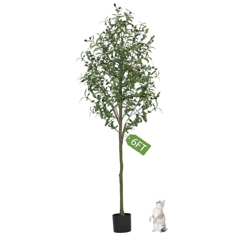 Olive Trees Artificial Indoor, Artificial Olive Tree 6FT Faux Olive Tree for Home Office Decor, Artificial Tree with Realistic Trunk, Branches, Leaves and Fruits, Fake Olive Tree for Gift