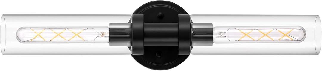 Black Sconces Wall Lighting, Bathroom 2-Light Vanity Light W/Clear Glass Shade, Modern Wall Mounted Lights for Mirror, Makeup Vanity, Kitchen, Washroom, Hallway, E26 T10 Bulbs (Excluded)