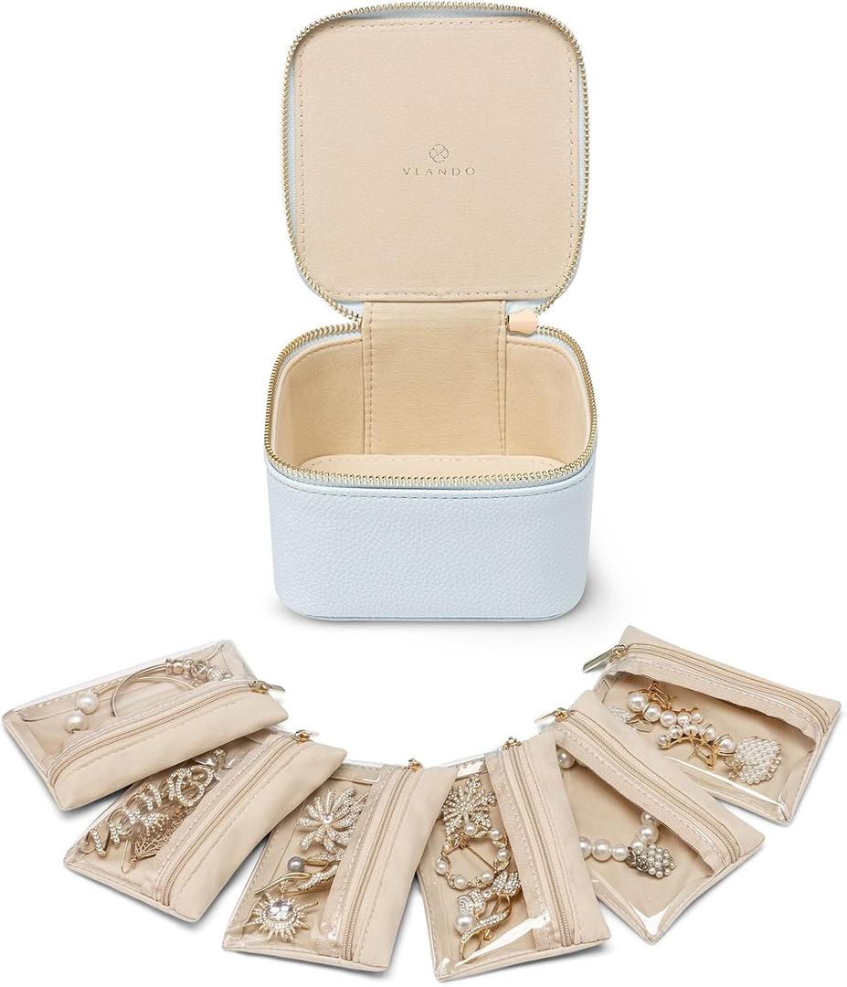 VLANDO Small Jewelry Organizer,Travel Jewelry Case with 6 Velvet Jewelry Zipper Bags for Girls,Ideas Gifts for Christmas Wedding,Birthday,Graduation-Baby Blue