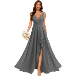 Loyeloy Gray Double V Neck Bridesmaid Dresses with Slit Long Ruffles Chiffon Bridesmaid Dresses with Pocket for Women Evening Party 16, Size:L