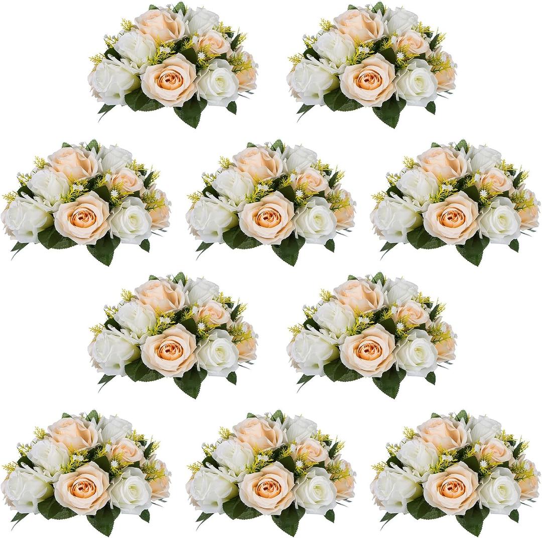 NUPTIO Artificial Flower Centerpieces for Tables: 10 Pcs Peachy Champagne & White Flower Ball Arrangement for Wedding Party - 9.5 Inch Diameter Floral Rose for Bridal Shower Decor