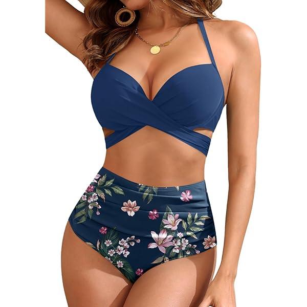 High Waisted Underwire Bikini Sets - Women 2025 Two Piece Swimsuits Halter Bathing Suits with Tummy Control Bottom, Size: M