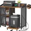 3-Tier Lateral Office Filing Cabinets with Socket and USB Charging Port, Modern Printer Stand and Paper Shredder Stand Rack with Wheels and Open Storage Shelves for Home Office, Rustic Brown