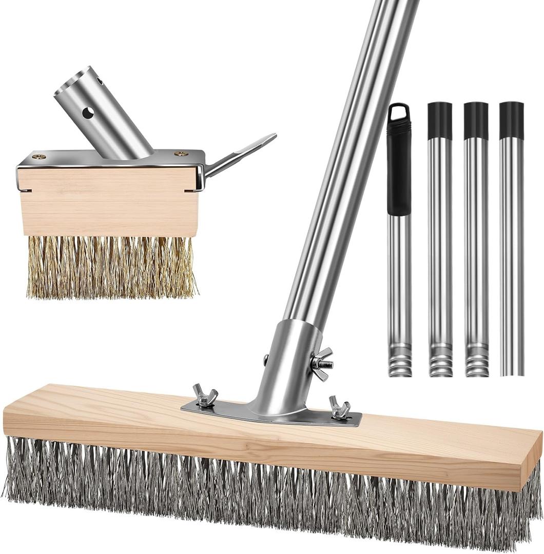 Crack Weeder Brush Heavy Duty Wire Broom Set, Multifunction Moss Grout Remover with Scraper Weed Puller, Detachable 64.9in Handle for Outdoor Deck Pavers Patios Walkways Concrete Floor Cleaning (2pcs)