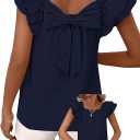 Falechay Womens Bow Tie Back Tops Round Neck Ruffle Short Sleeve Shirts Cute Babydoll Chiffon Tee Women Summer Trendy Tunic, L