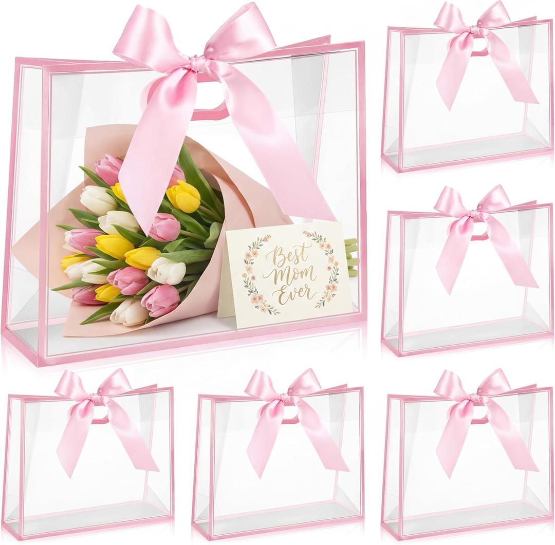 Aliceset 12 Pcs Clear Plastic Gift Bags with Die Cut Handles Reusable Party Favor Bags with Ribbon for Mother's Day Wedding Graduation Bridal Shower Baby Shower, 12 x 10 x 5''(Pink)