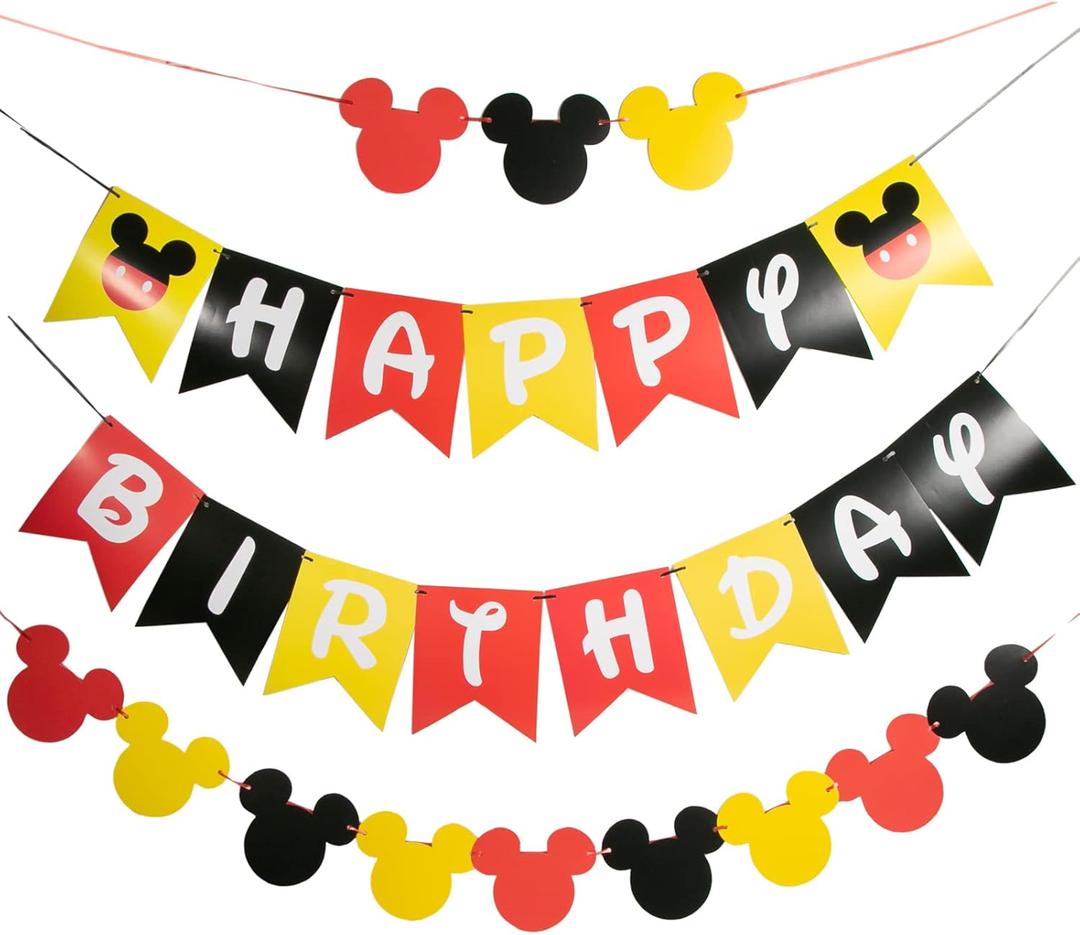 CHuangQi Colorful Happy Birthday Banner with Mickey Style Bunting, Mickey-themed Birthday Party Supplies