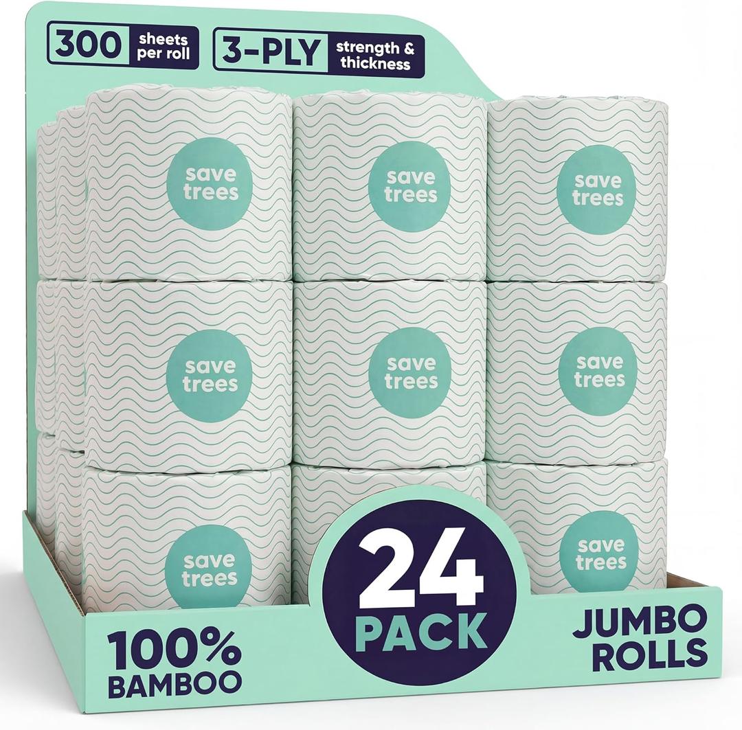 Save Trees Bamboo Toilet Paper -24 Rolls Of Septic Safe Organic Toilet Paper 3-ply, 300 Sheets Per Roll - PFAs Free, FSC Certified, Plastic & Chemical Free - For Home, Boat & RV Use