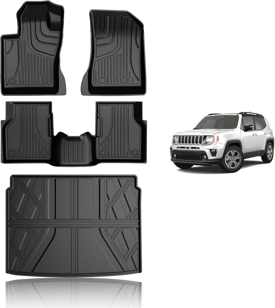 AOMSAZTO Custom Fit Floor Mats and Cargo Liner Trunk Set Compatible with 2015-2026 Jeep Renegade, All Weather Car Accessories Floor Liner, 1st and 2nd Row Car Mat Black