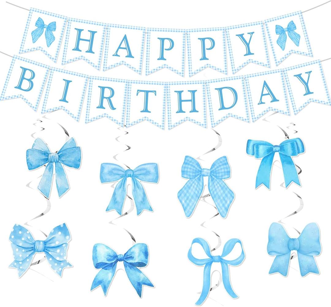 Blue Bow Happy Birthday Banner and Hanging Swirls Coquette Bow Party Decorations for Girls Women Bow Theme Birthday Party Supplies