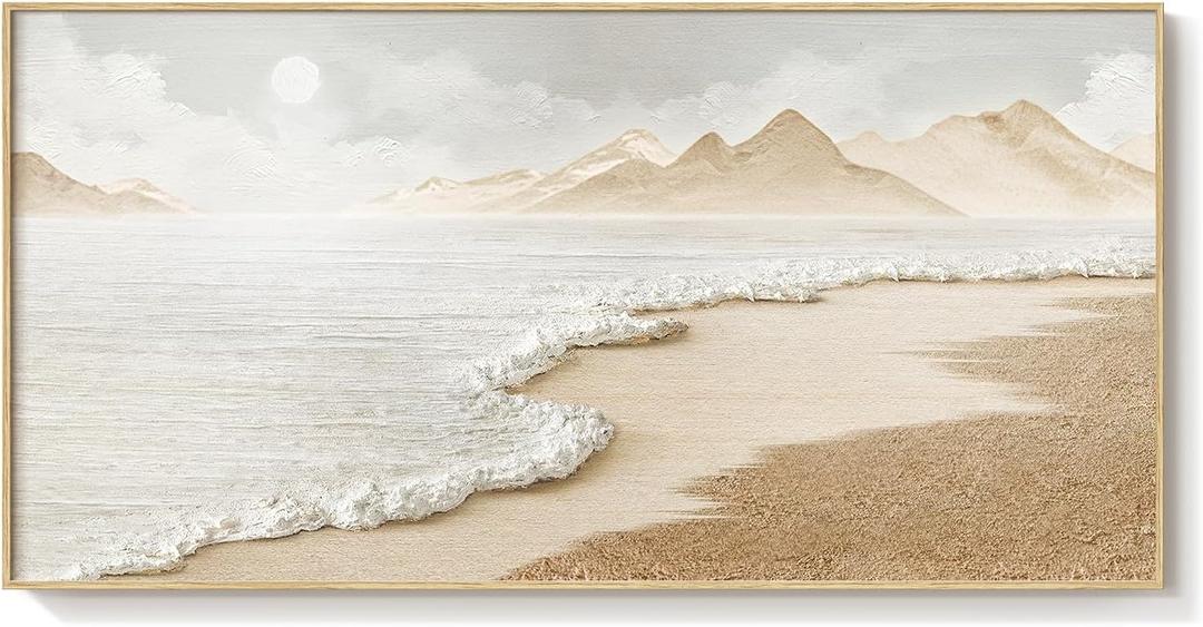 Framed Boho Coastal Beach Wall Art for Living Room, Extra Large Neutral Ocean Canvas Artworks for Walls, Horizontal Abstract Minimalist Coastal Art Print for Bedroom Kitchen Office Walls, 30x60 Inch