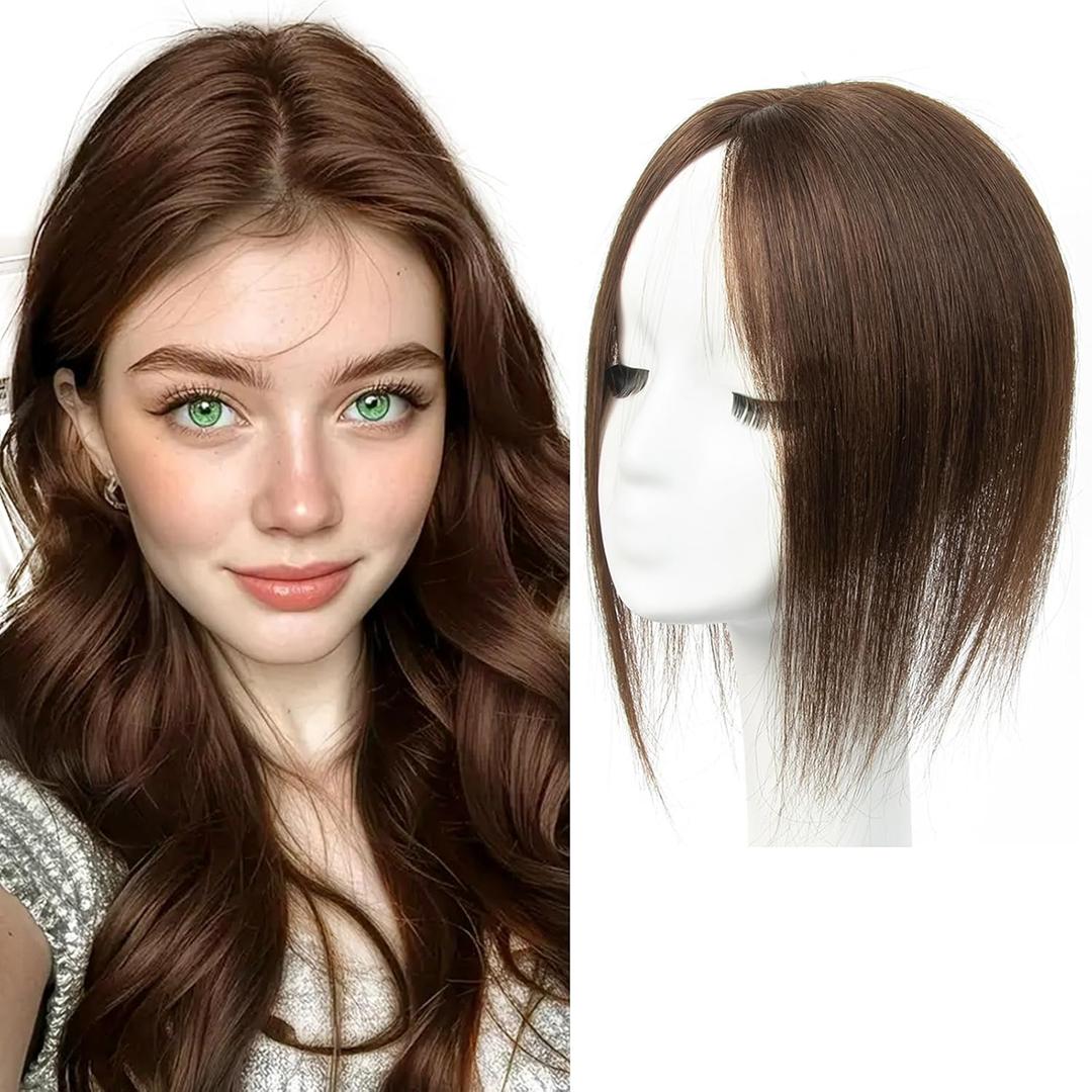 isheeny Hair Toppers For Women Real Human Hair Dark Brown 8Inch Human Hair Topper for Women, 2 Clips Secure Hold, Realistic Artificial-Base Scalp For Changing Your Look