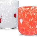 2 Pcs Valentines Day Icon Juice Glasses, 14 oz Heart Themed Cute Glass Cups, Handblown Stemless Anthropology Glass Cups Drinkware for Party Supplies Gifts