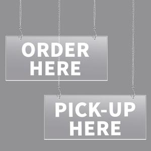 2 Pcs 13 x 6 Inches Order Here and Pick up Here Sign Acrylic Order Sign Big Clear Hanging Pick up Hers with Hooks for Restaurants Cafes Bars Bakery Ice Cream Concession Booth