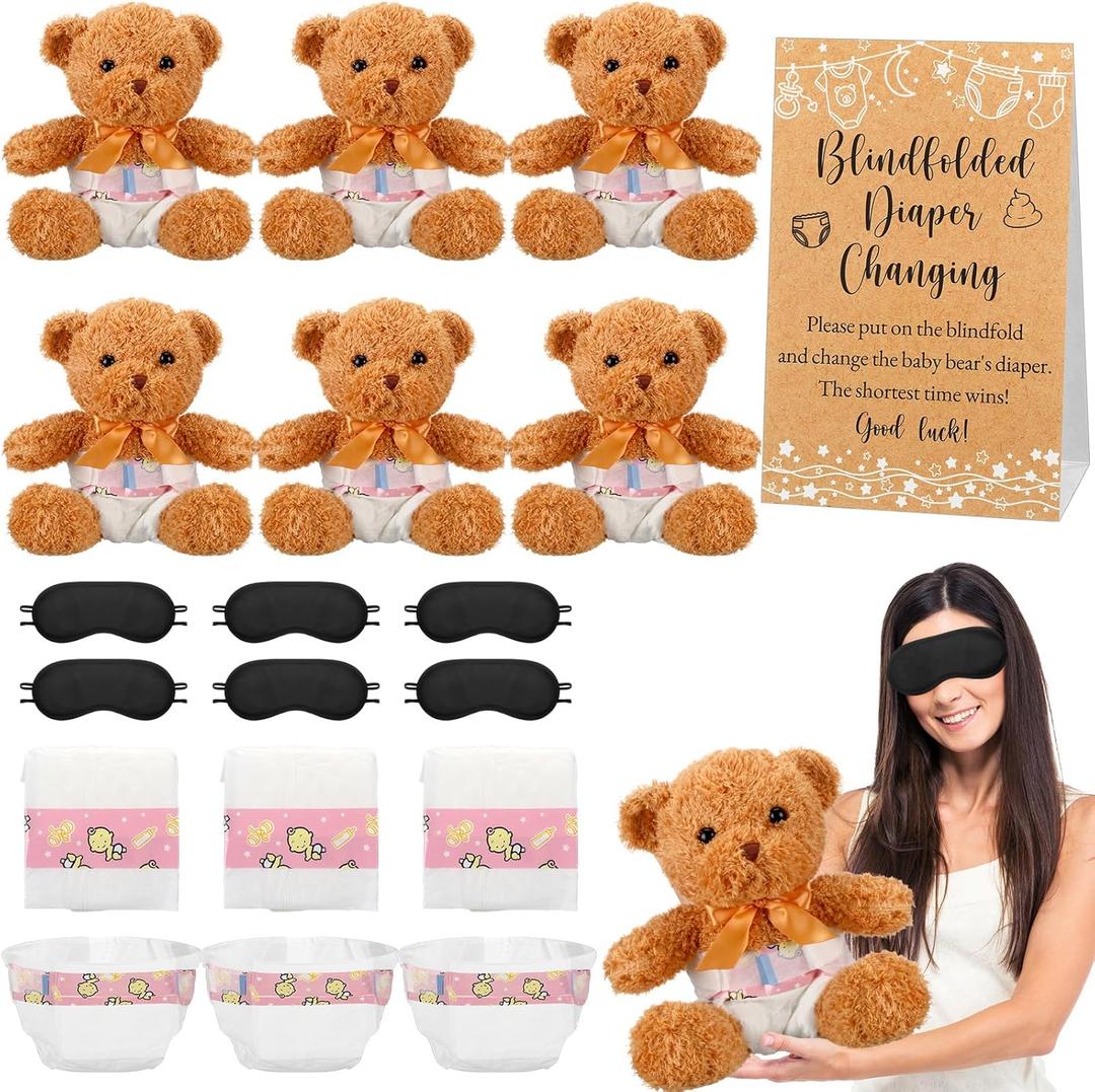 Simgoing 19 Piece Bear Themed Baby Shower Diaper Changing Game Supplies Include 12 inch Bear Dolls Blindfold Diapers Games Prizes for Adult Gender Reveal Raffle Party(Light Brown)