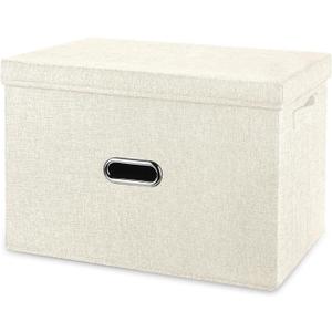 Large Linen Fabric Foldable Storage Bins with Removable Lid and Handles, Washable Storage Box Organizer Containers Baskets Cube with Cover for Bedroom,Office(Cream, Small)