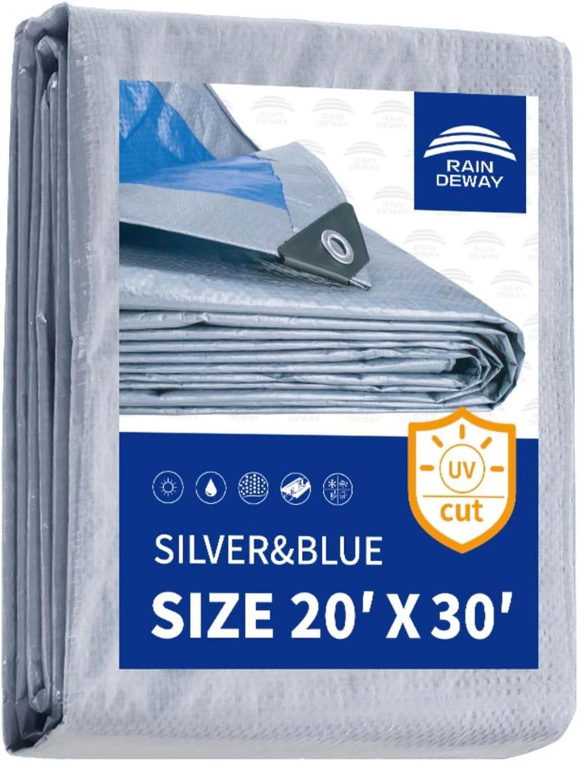 RAINDEWAY Tarps - 20x30 Feet, 5.5 Mil Thick, Multipurpose Waterproof Poly Tarp Cover with Metal Grommets and Reinforced Edges, Silver/Blue Large Tarp