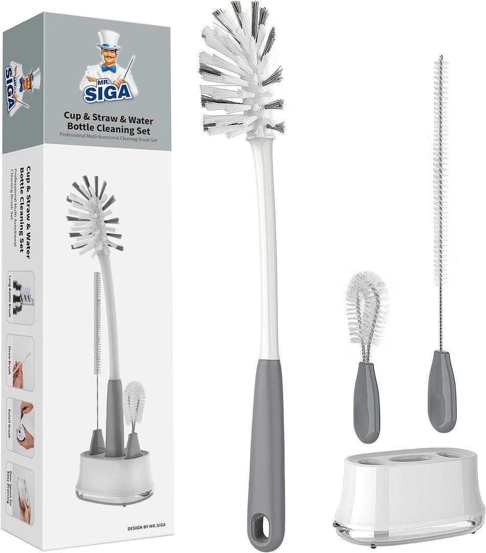 MR.SIGA Water Bottle Brush Cleaning Set with Storage Holder, Cleaning Brushes for Tumbler, Straw, Baby Bottles, Drinking Glasses
