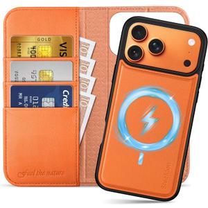 SHIELDON Detachable Case Wallet for iPhone 17 Pro Max 6.9" | Genuine Leather, Wireless Charging, RFID Blocking Credit Card Slot, Flip Magnetic Closure, Removable Shockproof Phone Cover 2025 - Orange