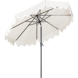 Tempera 9FT Scalloped Tassel Patio Umbrella, Outdoor Market Umbrellas with 8 Sturdy Ribs with Crank & Pust Button Tilt,Fade Resistant Canopy (Beige-Tassles)