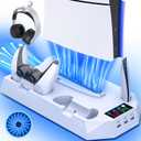 PS5/Slim/Pro Cooling Station with Controller Charging Station for Playstation 5 Slim/Pro Console, PS5 Cooling Stand Cooler Accessories Incl Cooling Fan, 3 USB Hubs, Headset Holder, Screw - White