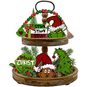 Christmas Tiered Tray Decor, Merry Christmas Tray Decorations, Christmas Tree Max Stink Stank Stunk Wooden Signs Beads Garland, Xmas Holiday Home Decor for Tabletop Shelf Party Mantel