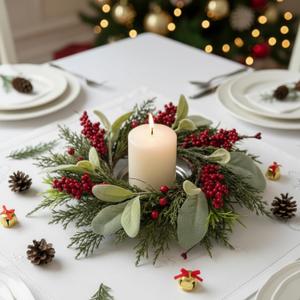 8 Pcs Christmas Candle Rings Wreath Decorations Artificial Red Color Berry Garland Wreaths Pine Garland Norfolk Pine Holder Pillars for Kitchen Cabinet Xmas Home Table Decor (Classic)