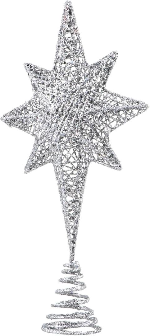 Christmas Decor Star Treetop Topper Metal Star Glitter Powder Coated Elegant and Sturdy (30x16cm, Silver)
