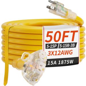 PlugSaf 50 FT 12/3 Gauge Outdoor Extension Cord with Multiple Outlets Light Indicator, Flexible 3 Outlet Weatherproof Heavy Duty Extension Cord Waterproof Yellow, 15A 1875W 12AWG SJTW, ETL Listed