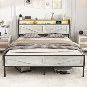 Bed Frame Full Size with Charging Station, Platform Metal Bed with Headboard & Led Light, Farmhouse Storage Bed for Bedroom, No Box Spring Needed (Antique White)