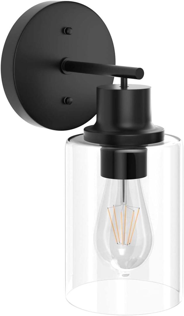 GORDNWE 1-Light Bathroom Wall Sconce, Matte Black Vanity Light, Modern Wall Light Fixture with Clear Glass Shade and E26 Bulb Base, Wall Lamp Wall Mount Light Fixtures for Mirror, Bedroom, Hallway