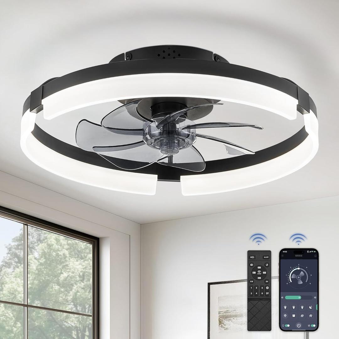 LEDIARY Ceiling Fans with Lights and Remote, 19.7 Inch Low Profile Ceiling Fan, 6 Speeds, Reversible, Dimmable Flush Mount Fan Light,Modern & Bladeless Ceiling Fan with Light for Bedroom, Black