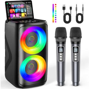 Karaoke Machine for Adults: Portable Bluetooth Speaker with 2 Wireless Karaoke Microphones with LED Lights Birthday Gifts for Party Family Home System Packages Support TWS/TF/USB/AUX