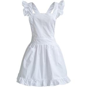 Petite Maid Ruffle Retro Apron Kitchen Cooking Cleaning Fancy Dress Cosplay Costume (White)