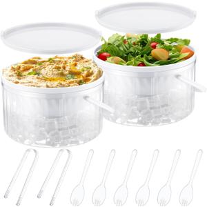 Hushee 2 Pack Chilled Dip Bowl 30oz Ice Serving Bowl with Lid Chilled Dip Dish for Parties Cold Serving Dish with 2 Tongs 6 Spoons for Hummus, Pasta, Potato, Dressing, Fruit, Salsa (White)