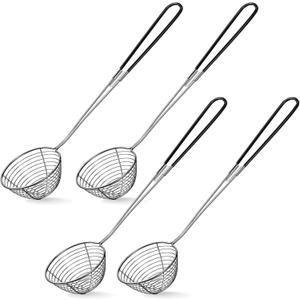 Geiserailie 4 Pieces Hot Pot Kit Strainer Scoops Stainless Steel 2.5 Inch Mini Spider Strainer Skimmer Pasta Mesh Spoon Asian Skimmer Spoon Ladle with Handle for Home (Black)