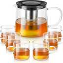 Glass Teapot 51oz/1500ml with 6 Pack Tea Cups Gift Set, Removable Stainless Steel Infuser Tea pot, Heatproof Borosilicate Glass Tea Make, Stovetop Safe Glass Tea Kettle for Loose and Blooming Leaf Tea