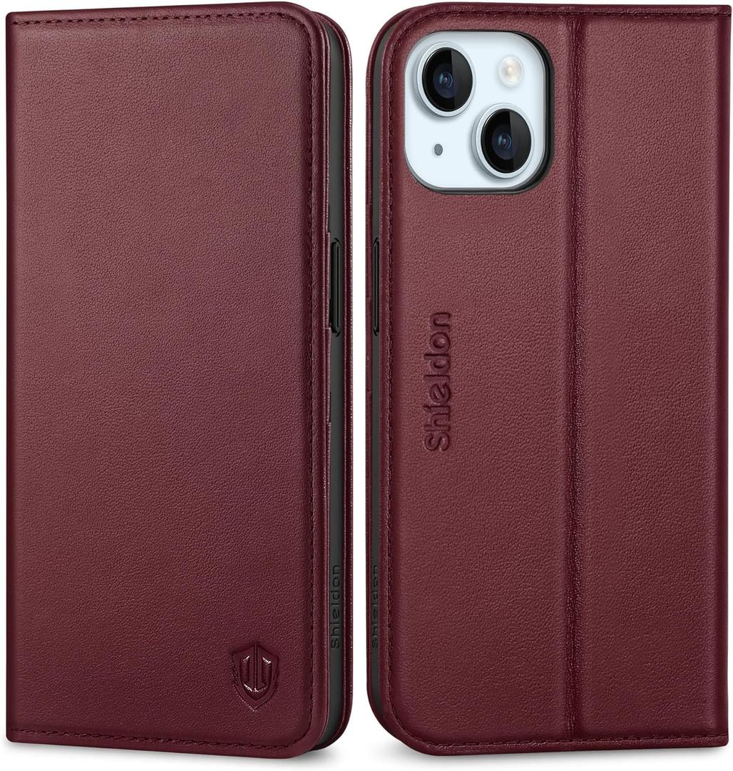 SHIELDON Case for iPhone 15 5G 2023, Genuine Leather Wallet Magnetic Case with RFID Blocking Credit Card Slot Kickstand Full Protection Cover Compatible with iPhone 15 6.1" - Wine Red (Wine Red)