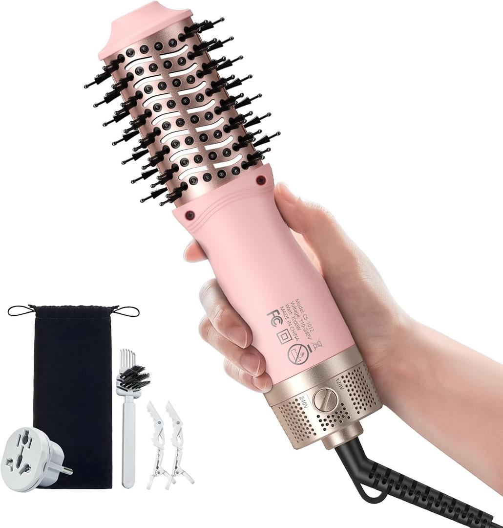 slopehill Mini Travel Dual Voltage Hair Dryer Brush,1000 Watts Hot Air Brush with European Plug, Ionic Hair Dryer and Styler for Women, Oval Barrel 2 Heat & 2 Speed for International Travel Pink